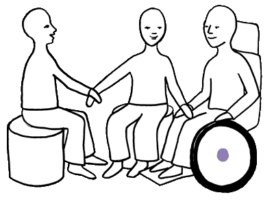 Drei Personen  im  UKK-Gespräch. Die mittlere Person berührt einen Rollstuhlfahrer, die andere Hand nutzt der UKK-Anwender um den Muskel zu testen.